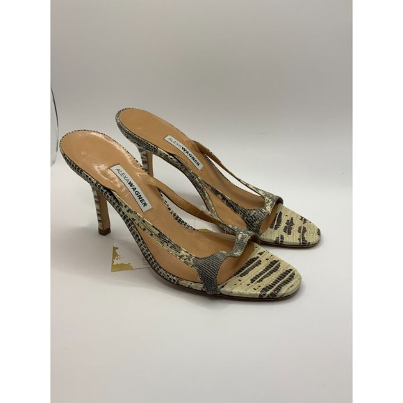 Alexa Wagner Cream & Gray Snakeskin Slide Sandal Heels, Size 35 IT, 5 US - Picture 1 of 11